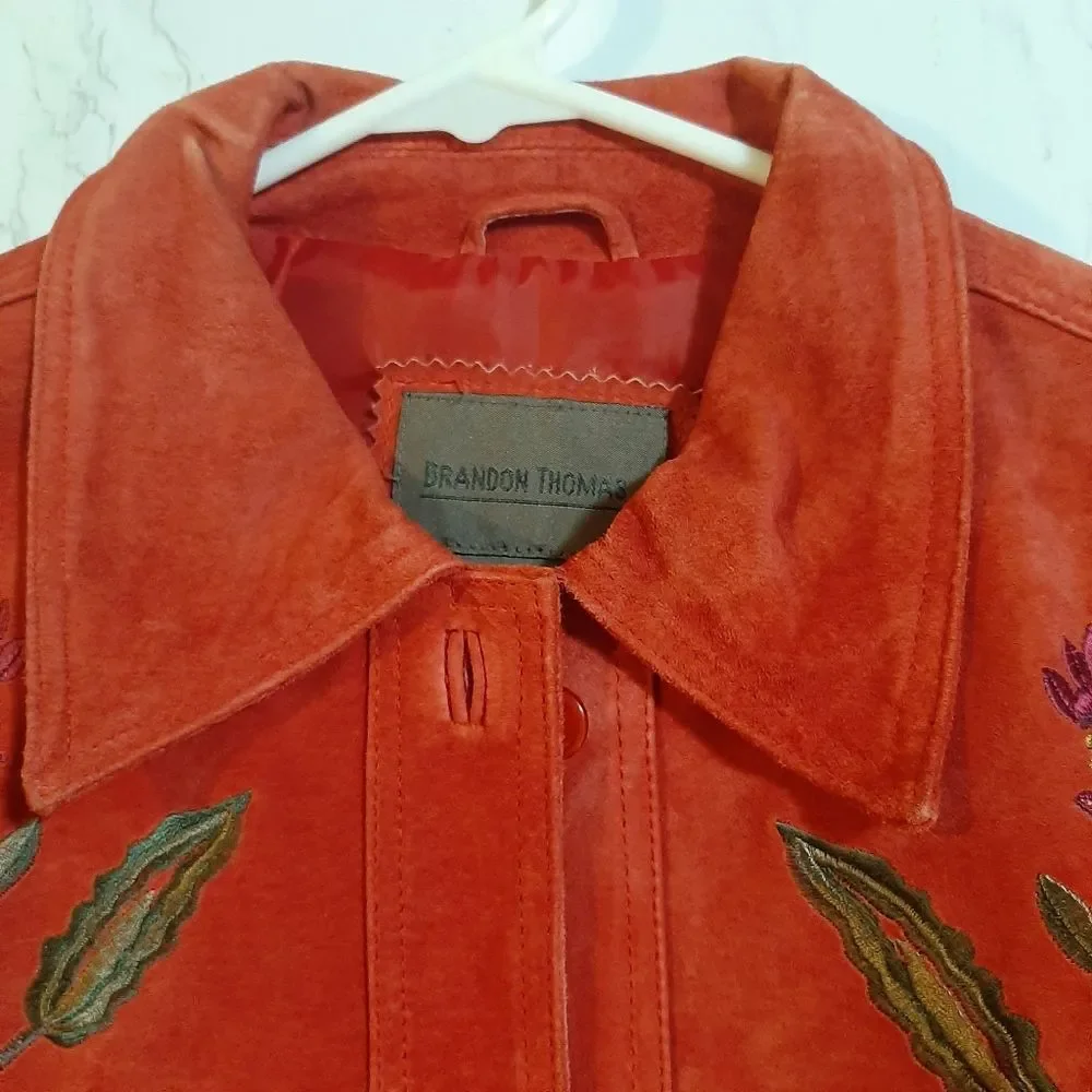 Brandon Thomas Cottagecore Red Orange Suede Novelty Floral Leather Jacket Small - Picture 11 of 13